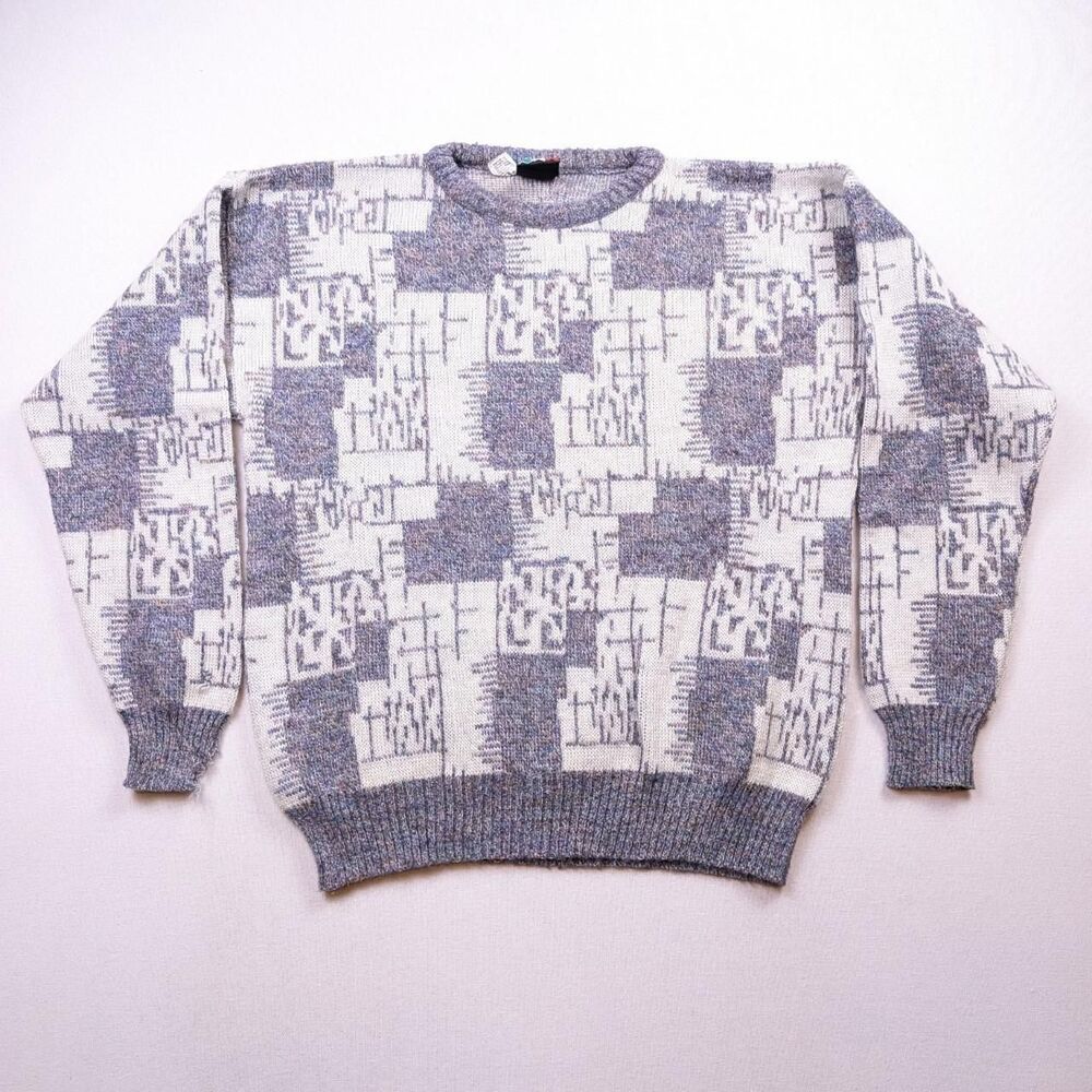 Vintage Wool Abstract Grey Sweater Wool Blend Size Large COLORE Made in Italy